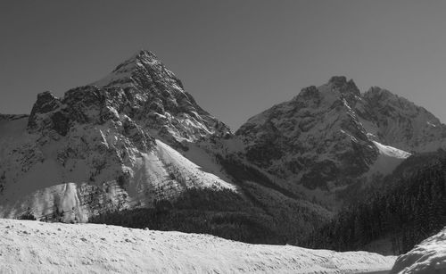 Scenic view of snowcapped mountains against clear sky