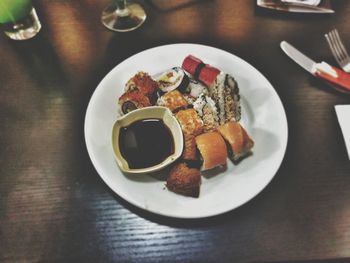 High angle view of breakfast served on table