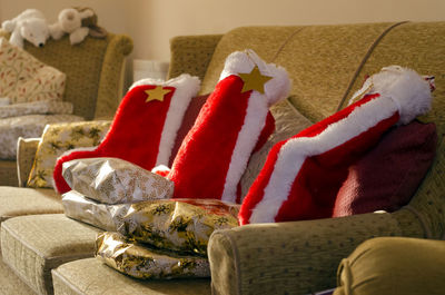 Close-up of sofa on table at home