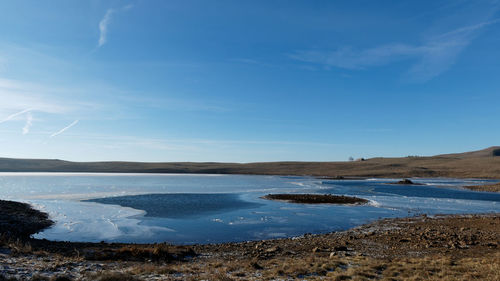 Scenic view of sea against blue sky