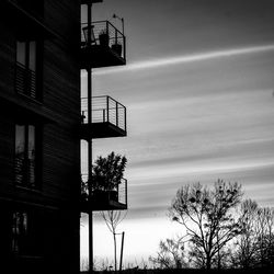 Low angle view of silhouette tree and building against sky