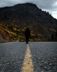 Rear view of person walking on road