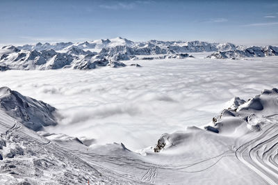 Scenic view of snowcapped mountains against sky