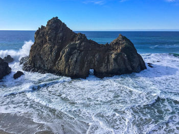 Waves splashing on rock formation at shore