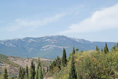 Panoramic view of land and mountains against sky