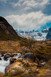 Scenic view of snowcapped mountains against sky