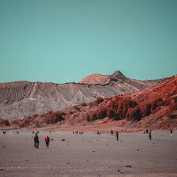 People on arid landscape against clear sky at lautan pasir bromo mountain