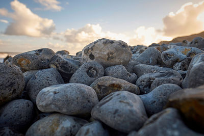 Close-up of pebbles on beach against sky during sunset