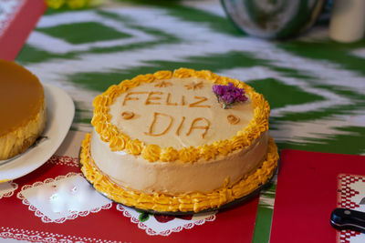 High angle view of cake on table