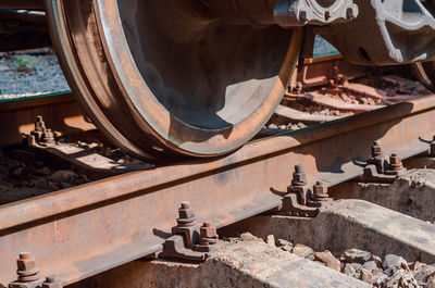 Train wheel on rails. close. rail transportation.