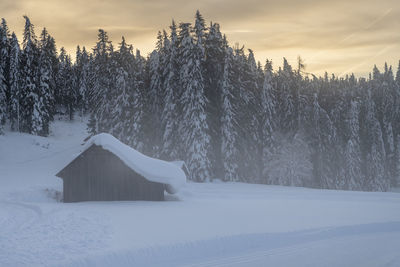 Snow covered field against sky