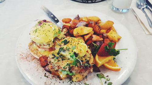 High angle view of breakfast served in plate