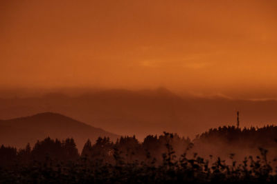 Scenic view of silhouette trees against orange sky