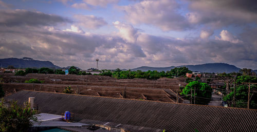 High angle view of land against sky