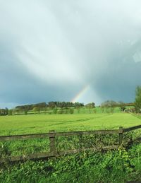 Scenic view of grassy field against cloudy sky