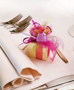 High angle view of pink flowers on table