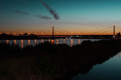 Silhouette bridge over river against sky during sunset