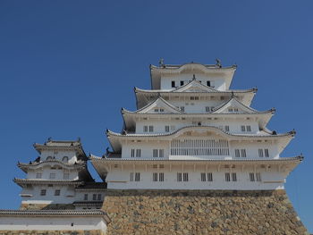 Low angle view of temple against clear blue sky