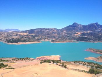 Scenic view of lake against blue sky