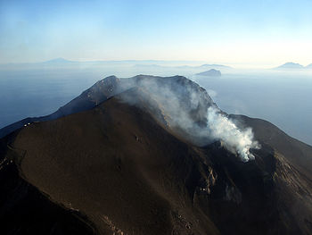 High angle view of stromboli volcano against sky