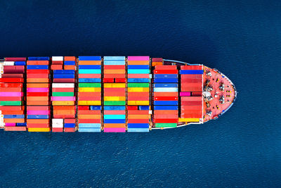 Aerial view of container ship in sea