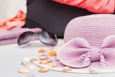 Close-up of sunglasses with hat