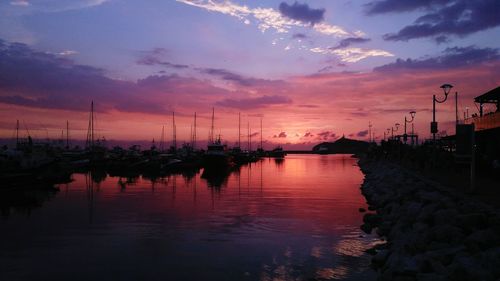 Sailboats in marina at sunset