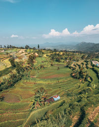 High angle view of agricultural field against sky