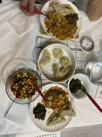 High angle view of food served on table