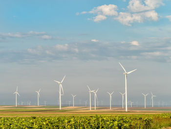 Wind turbines on field against sky