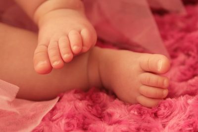 Low section of baby lying on bed