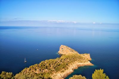 High angle view of sea against blue sky