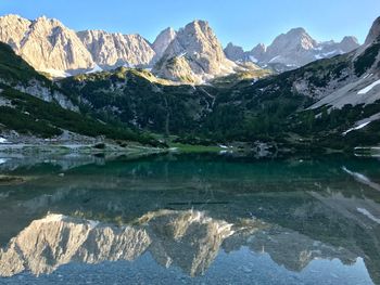 Scenic view of snowcapped mountains by lake