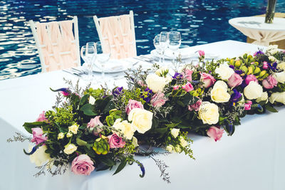 High angle view of flowering plants on table