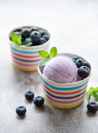 Homemade blueberry ice cream with fresh blueberries. sweet berry summer dessert. concrete background