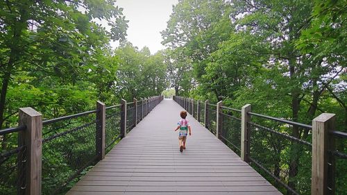 Rear view of man walking on footbridge