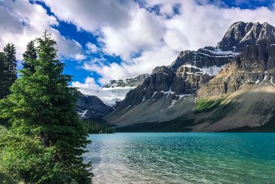 Scenic view of lake by mountains against sky