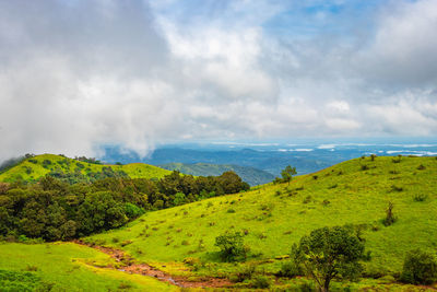 Mountain with green grass and amazing sky