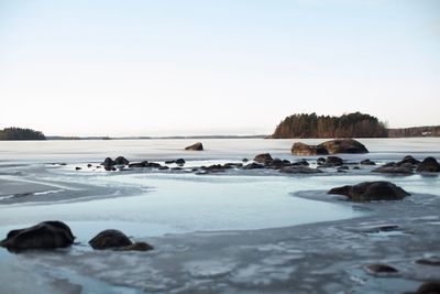 Scenic view of icy sea against clear sky