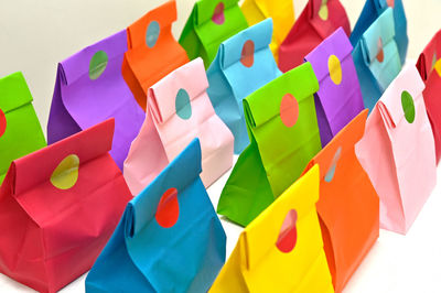 High angle view of gift boxes on white background