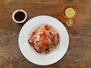 High angle view of breakfast served on table