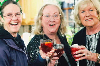 Portrait of happy friends toasting drinking glass