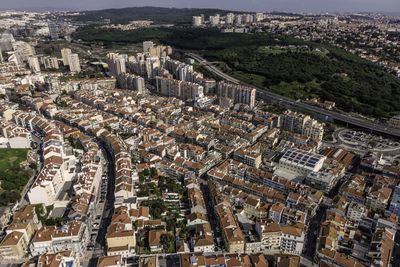 High angle view of buildings in city