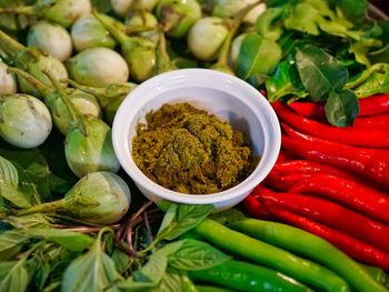 High angle view of spice in bowl amidst vegetables