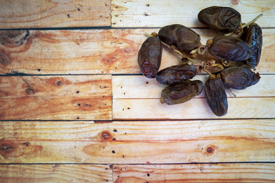 High angle view of bread on wooden table