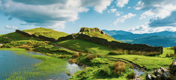 Scenic view of green landscape against sky