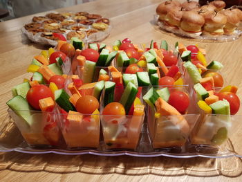 High angle view of chopped vegetables on table