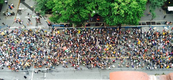 High angle view of crowd marching on street by tree