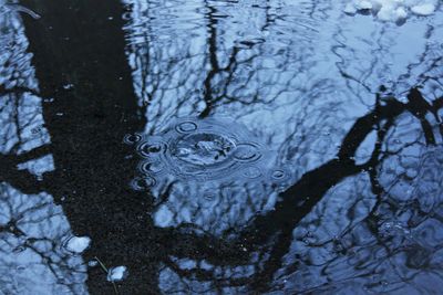 High angle view of raindrops on puddle