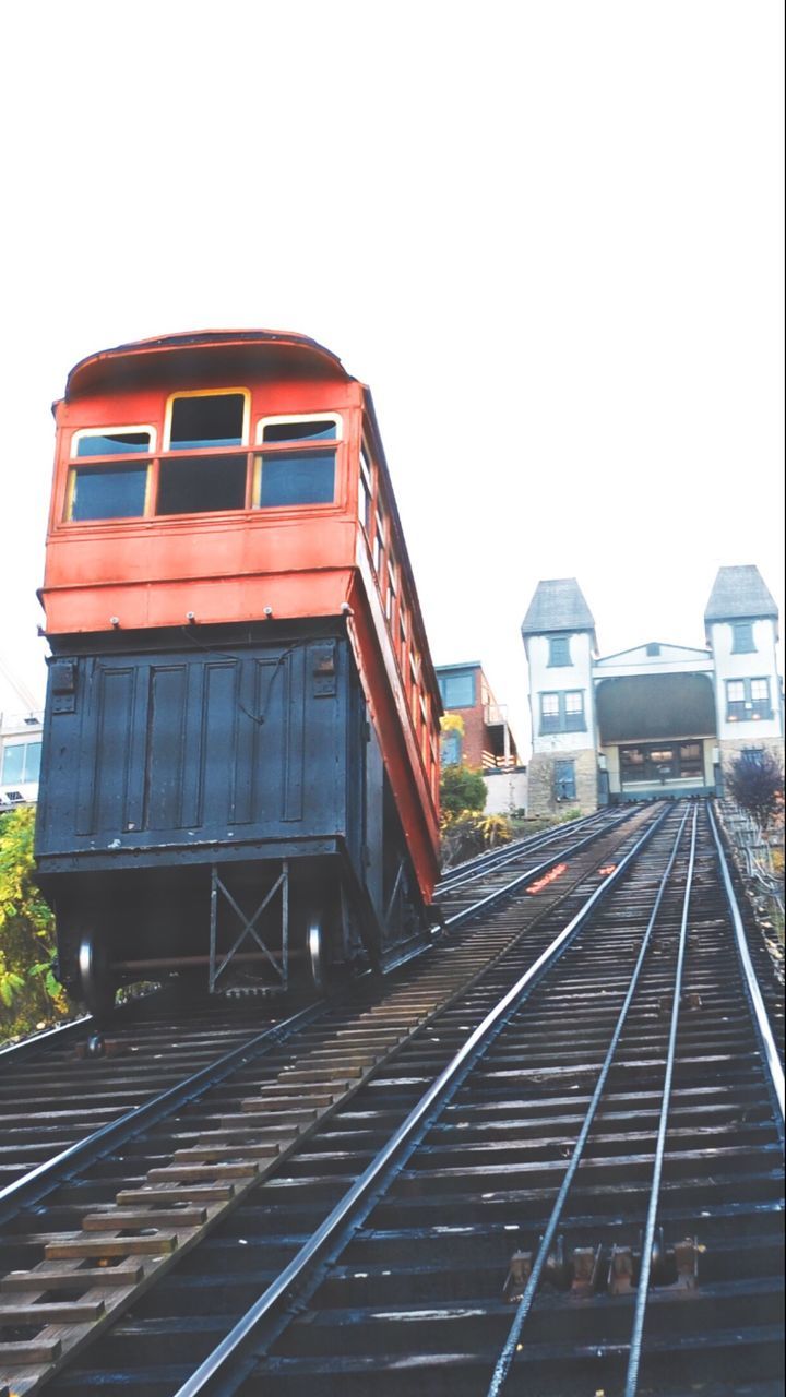 railroad track, transportation, rail transportation, mode of transport, train - vehicle, public transportation, city, sky, built structure, architecture, building exterior, outdoors, railroad station, railroad station platform, no people, day